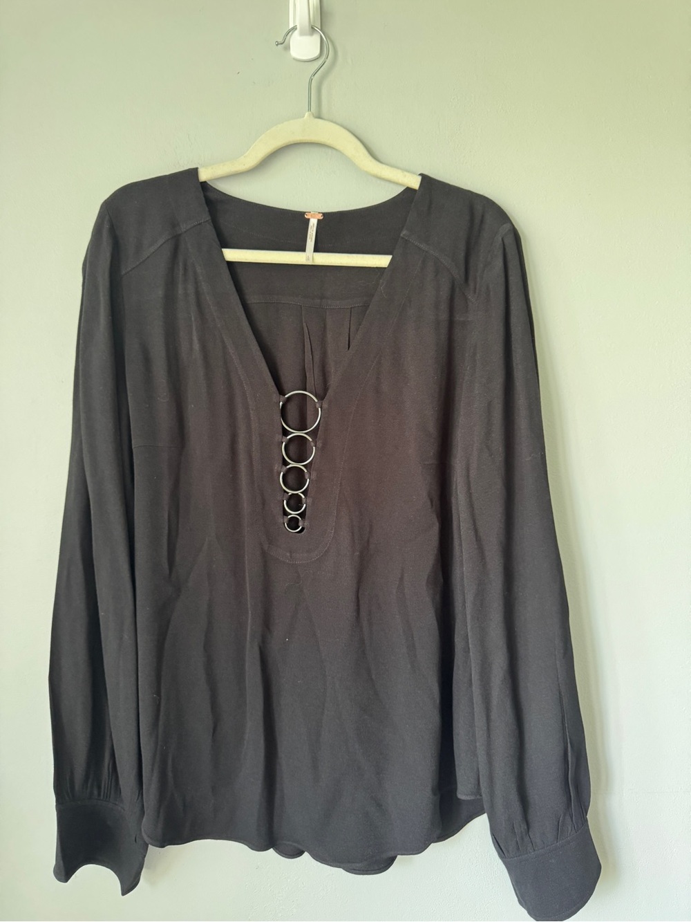 Free People Black Long Sleeve V-Neck Top with Stacked Ring Detail